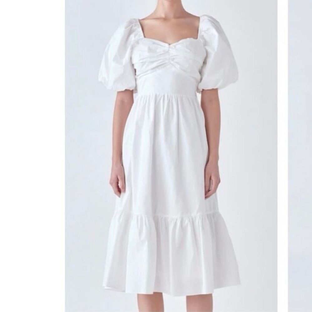 English Factory White NWT Tiered Midi Puff Sleeve Bridal Tie Back Dress, size L